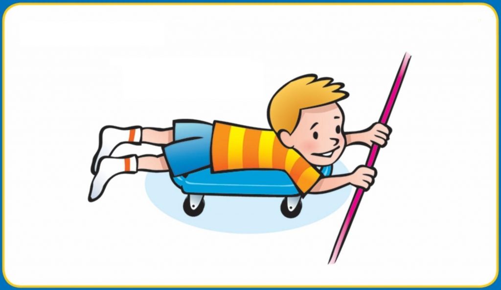 cartoon boy on tummy on scooter to improve physical motor planning and postural control